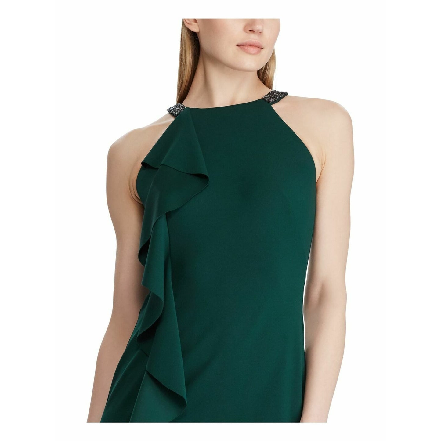 Ralph Lauren "Knoelyn" Green Ruffle Party Halter Dress w/ Beaded Accent Straps