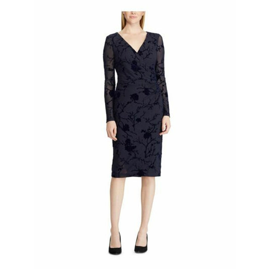 Ralph Lauren Navy Blue Floral Flocked Wrap Front Dress, Mesh & Velvet