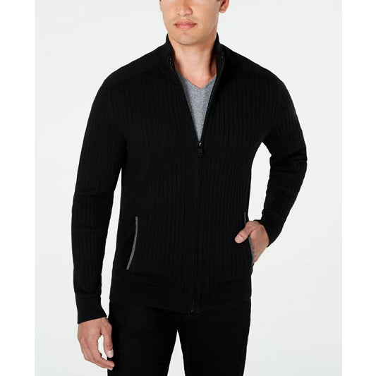ALFANI Men's Full Zip Up Ribbed Deep Black Sweater, NWT!