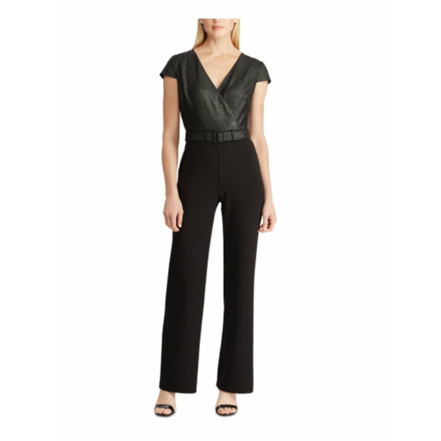 Ralph Lauren Women's Surplice Jumpsuit Black Glitter Cap Sleeve V-Neck