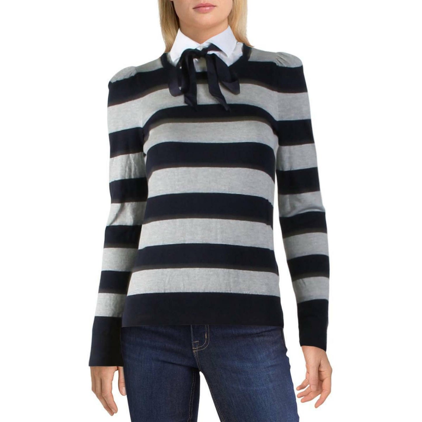 LAUREN RALPH LAUREN LADIES ZARITA STRIPE SWEATER CREW NECK NAVY GRAY NWT $145