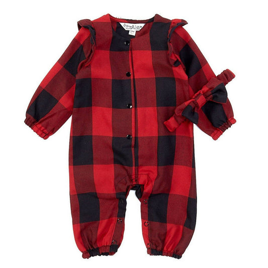 Pippa & Julie Girls' Buffalo Plaid Ruffled Coverall 3/6, Matching Headband, NWT