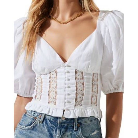 ASTR Ladies White "Forever Yours" Puff Sleeve Lace Bodice Top