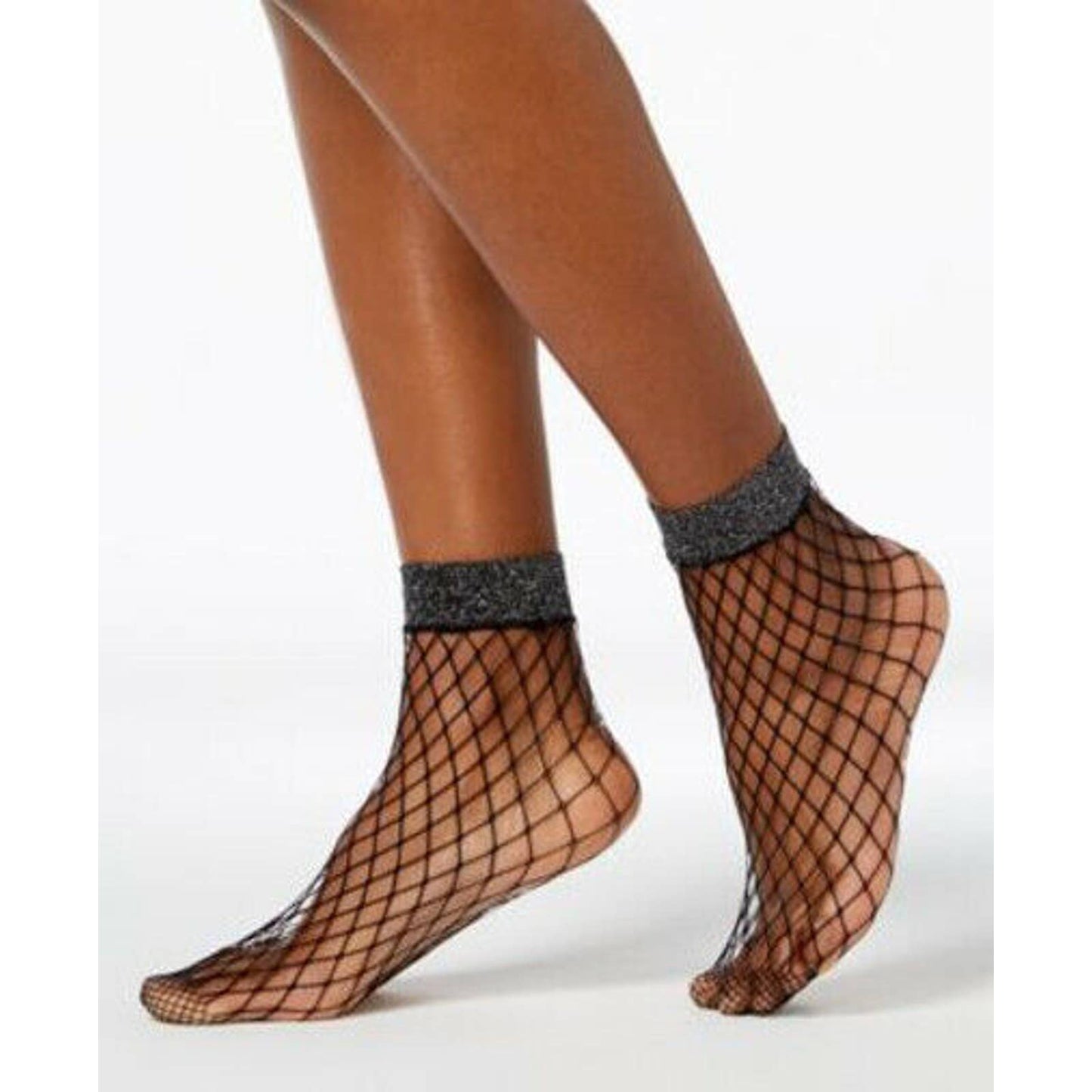 INC INTERNATIONAL CONCEPTS LADIES FISHNET SOCKS 2 PACK, BLACK/METALLIC, NWT