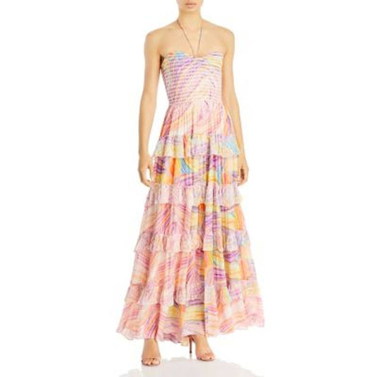 Rococo Sand Ladies Peach & Lilac Rainbow Swirl Ruffle Maxi Dress, Size M, NWT!