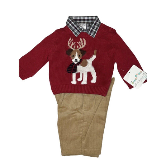 STARTING OUT Infant Red CHRISTMAS Dog Sweater Set, Corduroy Pants 3 PC NWT