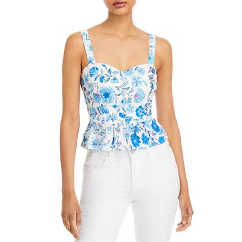 AQUA Ladies White & Blue Floral Zip Back Peplum Top, NWT!