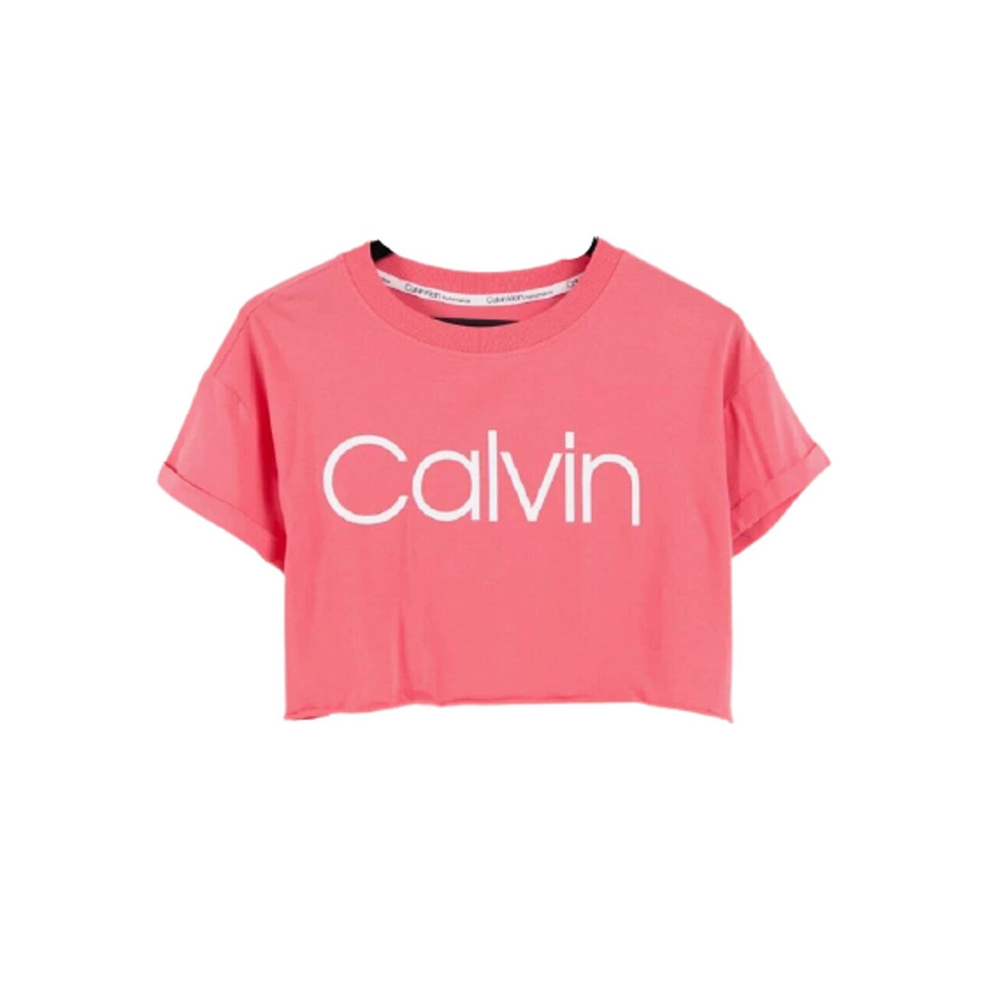 Calvin Klein Womens Cropped Raw Hem Logo T-Shirt Radiance Coral, NWT