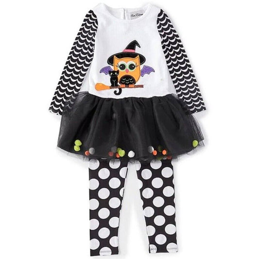 RARE EDITIONS Girl's Halloween Tutu Tunic Legging Set, Owl Witch Applique, NWT