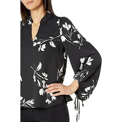 Vince Camuto Rich Black & White Floral Whispers Top w/ Tie Wrists, NWT!