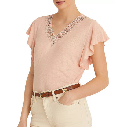 Lauren Ralph Lauren Linen-Blend Jersey Flutter-Sleeve Pale Pink Blouse
