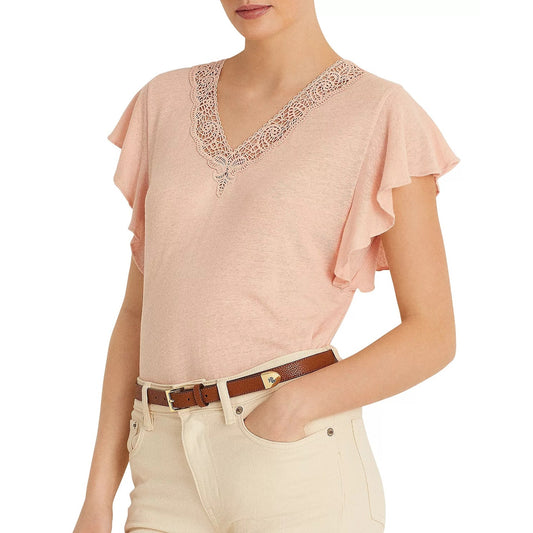 Lauren Ralph Lauren Linen-Blend Jersey Flutter-Sleeve Pale Pink Blouse