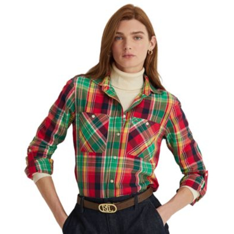 Lauren Ralph Lauren Women's Red Multi-Color Plaid Cotton Twill Shirt, Small
