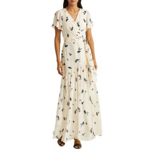 Lauren Ralph Lauren Ladies Cream & Blue Floral Print Flutter Sleeve Maxi Dress 0