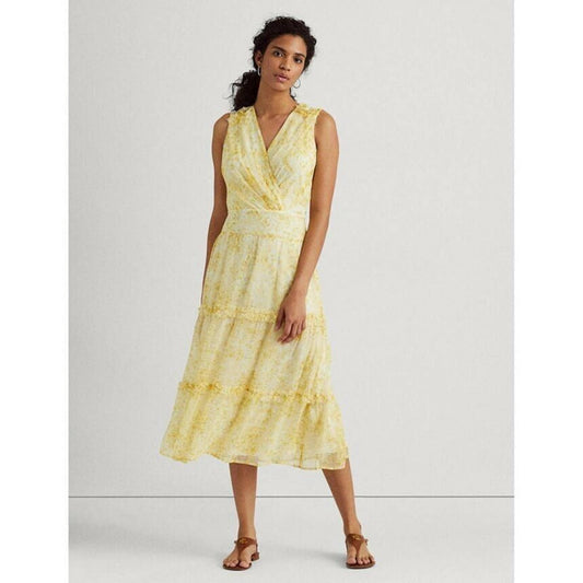 Lauren Ralph Lauren Floral Sleeveless Georgette Midi Dress, Cream Yellow, NWT