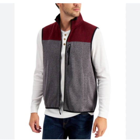 Club Room Men's Gray & Red Fleece Sweater Vest, Zip Up, Size XXL, NWT!