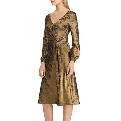 Ralph Lauren Deep Gold Shimmer V-Neck Dress w/ Waist Tie, “Marletta”