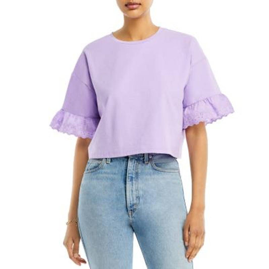 AQUA Ladies Purple Cropped Top w/ Scalloped Lace Sleeves, NWT!