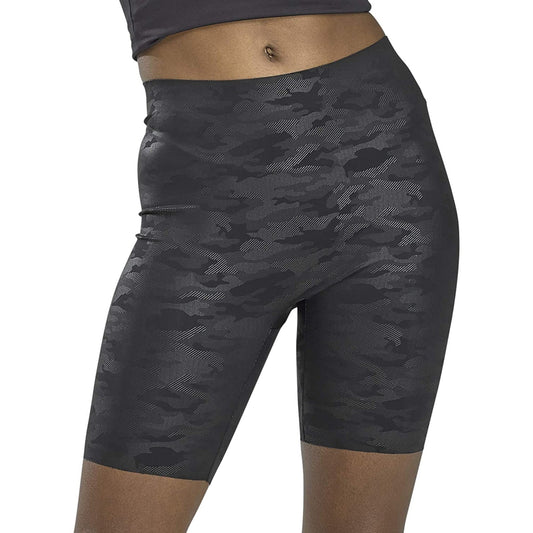 HUE Women's Sleek Effects High Rise Black Camo Embossed Biker Shorts