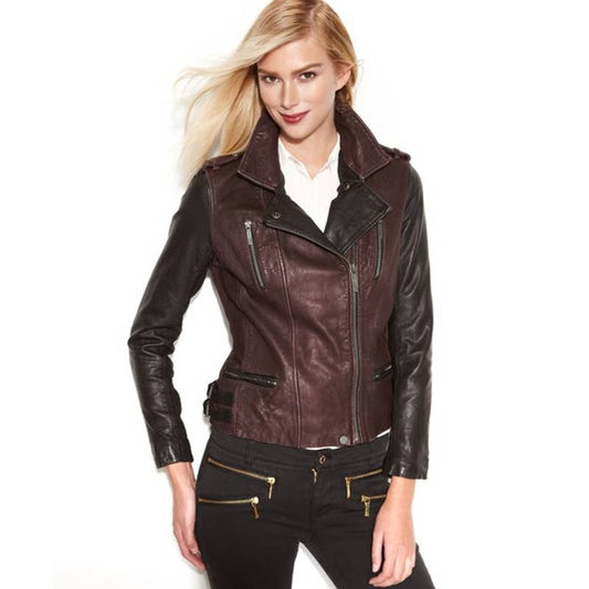 Michael Kors Ladies Black & Purple Leather Moto Zipper Jacket, Size XS, NWT!