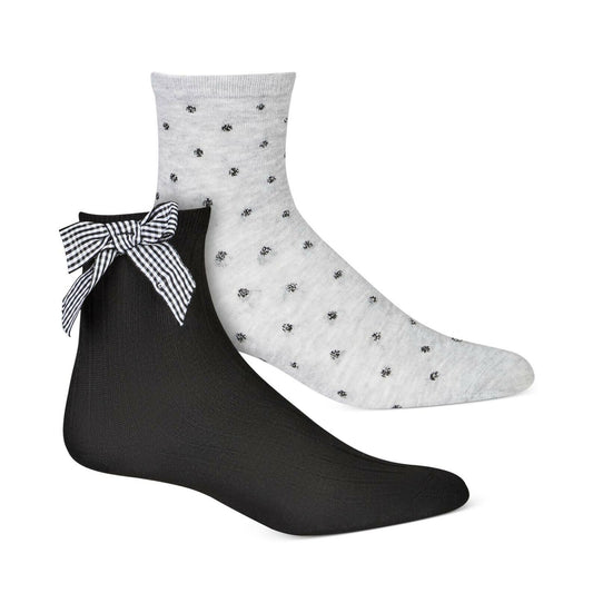 INC International Concepts 2 Pack Ankle Socks, Black w/ Bow, Gray w/ Polka Dots!