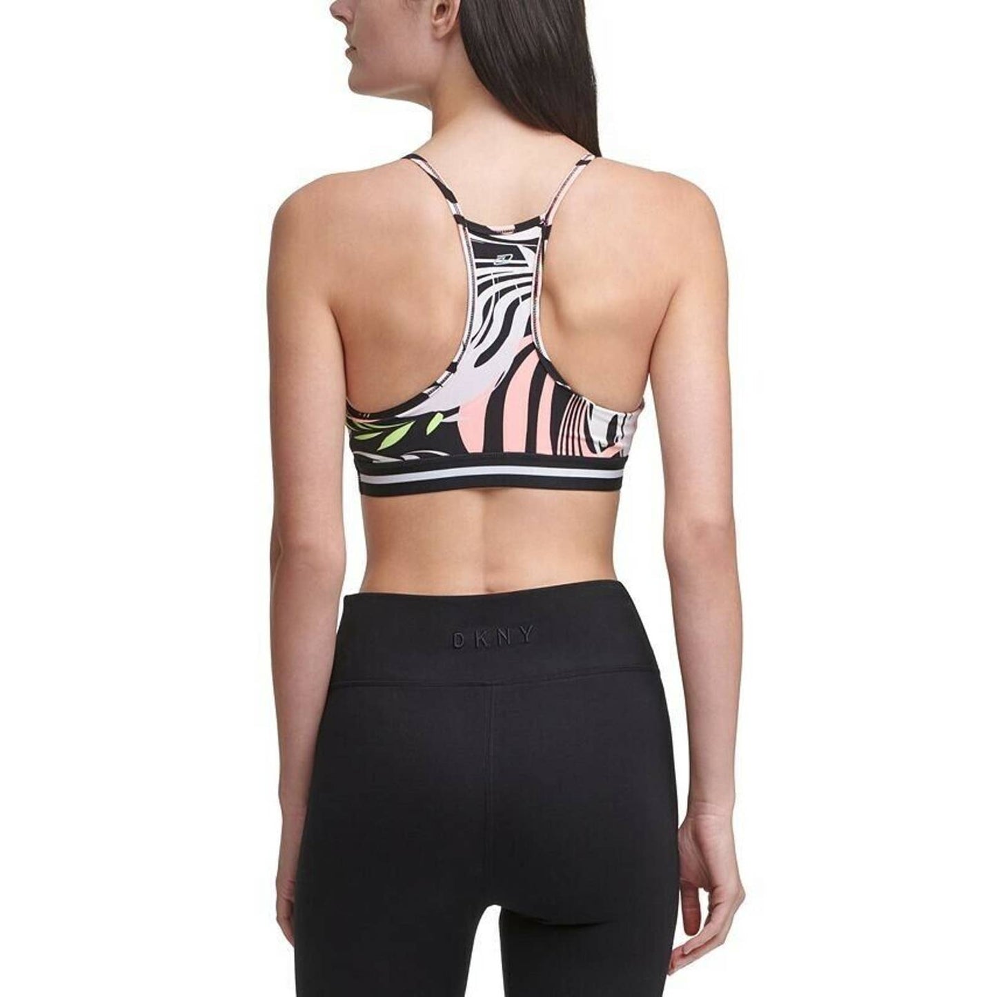 DKNY Dizzy Printed Racerback Medium Impact Sports Bra, NWT $44