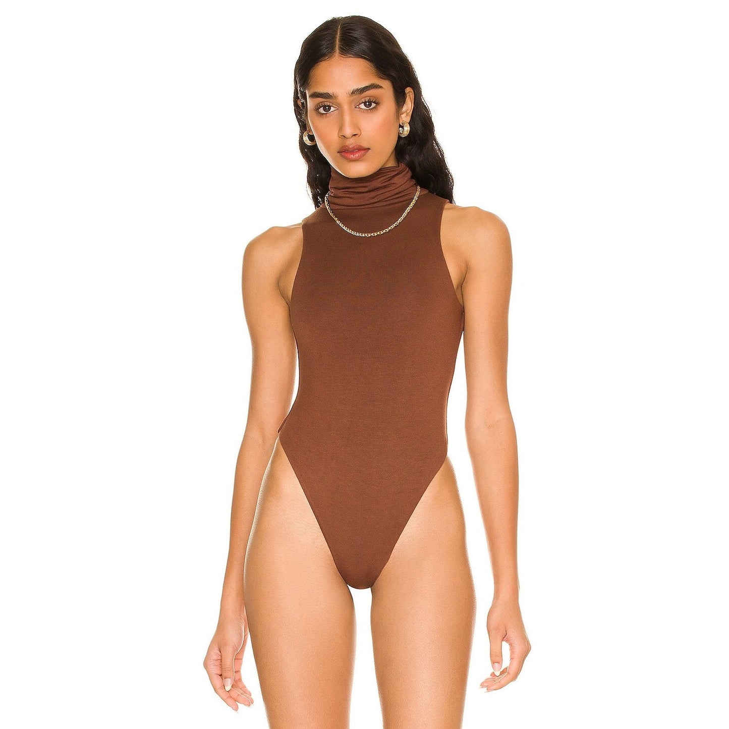 RE ONA Women's Sleeveless Turtleneck Bodysuit in Chocolate Brown