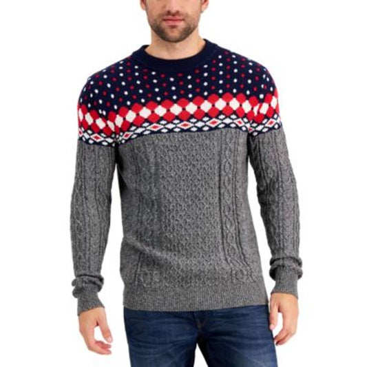 Club Room Men's Gray, Red, & Navy Blue Fairisle Sweater, Size Large, NWT!