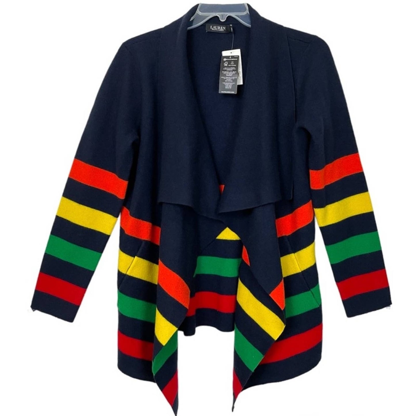 Lauren Ralph Lauren Navy Blue Knit Cardigan w/ Rainbow Stripes, Pockets, NWT!!