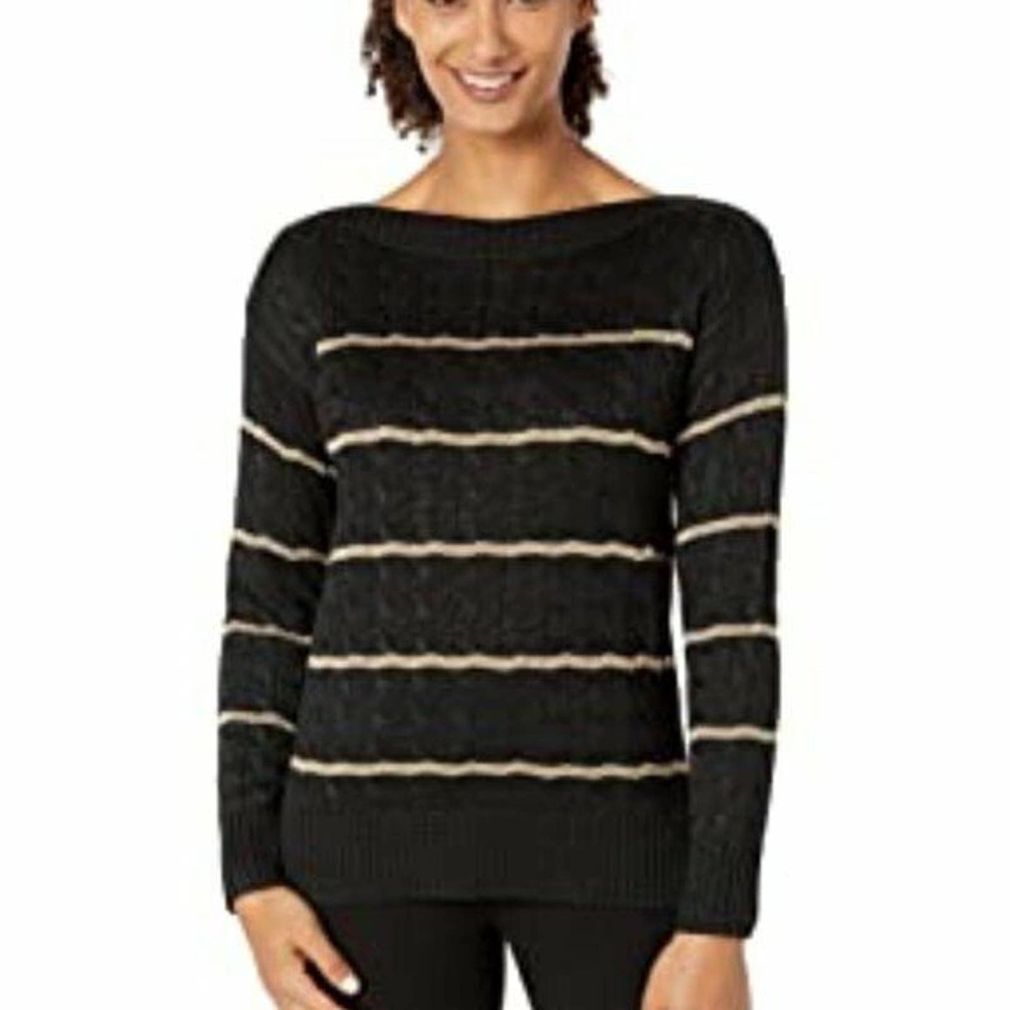 LAUREN RALPH LAUREN LADIES VEDORAH STRIPE SWEATER BOAT NECK BLACK/GOLD NWT $125