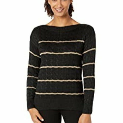 LAUREN RALPH LAUREN LADIES VEDORAH STRIPE SWEATER BOAT NECK BLACK/GOLD