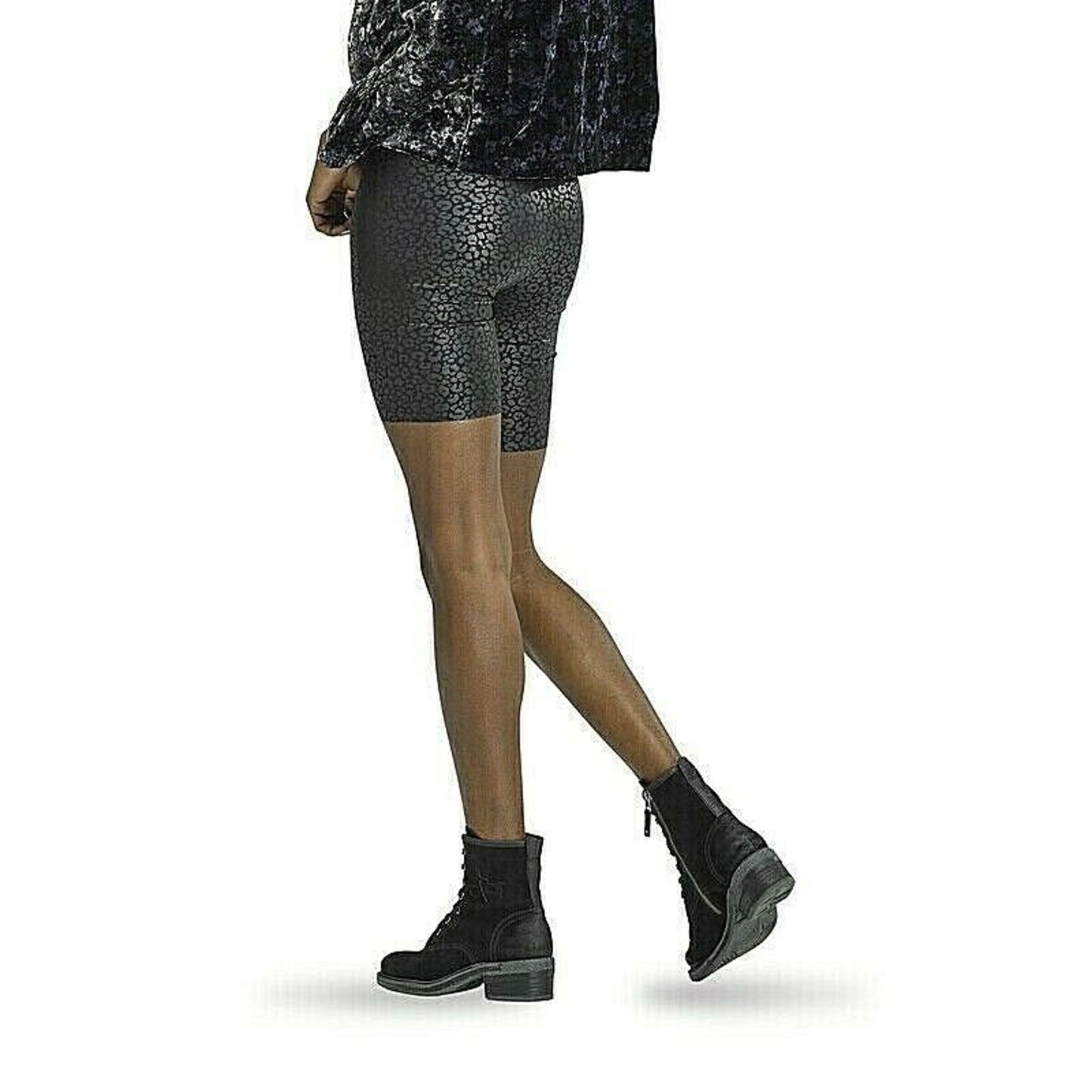 HUE Ladies Sleek Effects High Rise Biker Shorts, Black Leopard Embossed