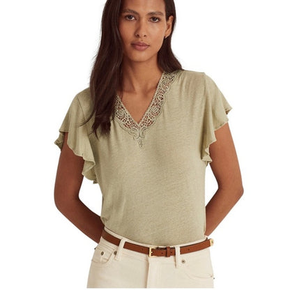 Lauren Ralph Lauren Women's Linen-Blend Jersey Flutter-Sleeve Blouse Ranch Sage
