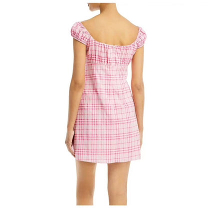 WAYF Ladies Pink & White Smocked Off-the-Shoulder Barbie Mini Dress