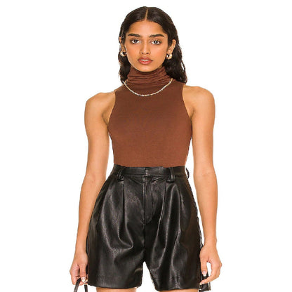 RE ONA Women's Sleeveless Turtleneck Bodysuit in Chocolate Brown