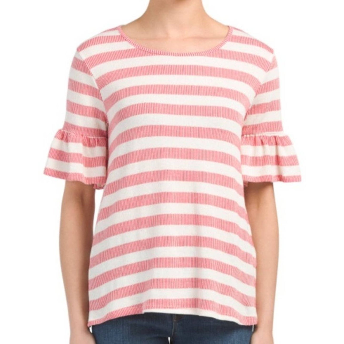 Pleione Ladies Pink & Ivory Striped Knit Short Sleeve Top w/ Bell Sleeves, M NWT