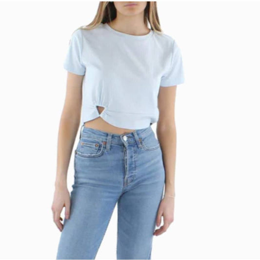 AQUA Ladies Light Blue Ribbed Short Sleeve Cropped Ring Tee Shirt