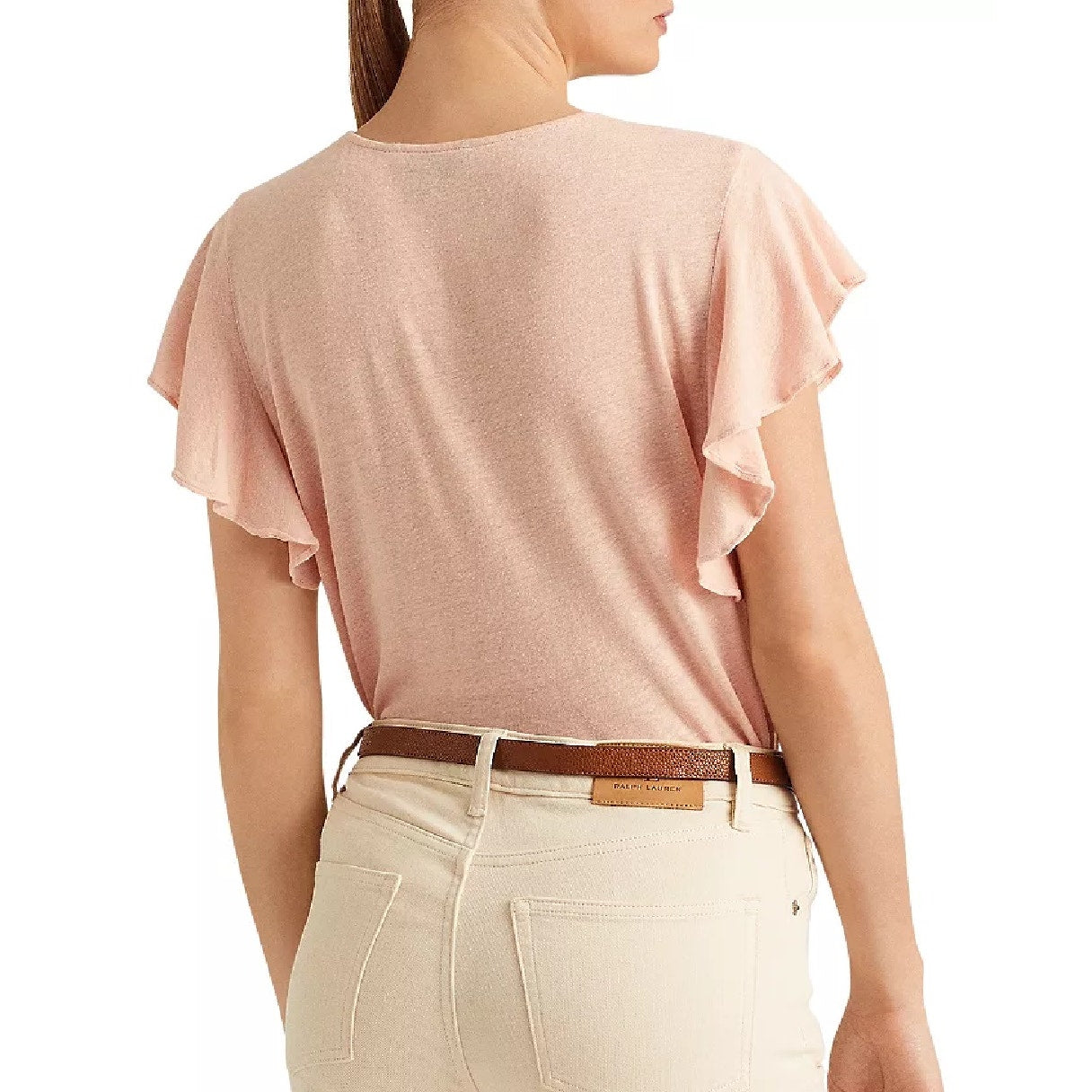 Lauren Ralph Lauren Linen-Blend Jersey Flutter-Sleeve Pale Pink Blouse