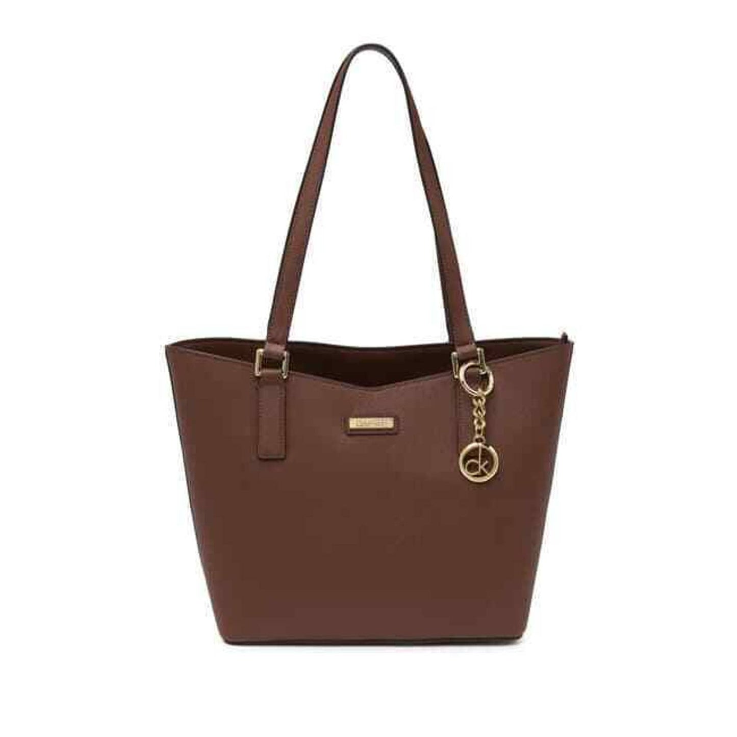 CALVIN KLEIN KEY SAFFIANO LEATHER TOTE DOUBLE STRAP, WALNUT GOLD NWT $198