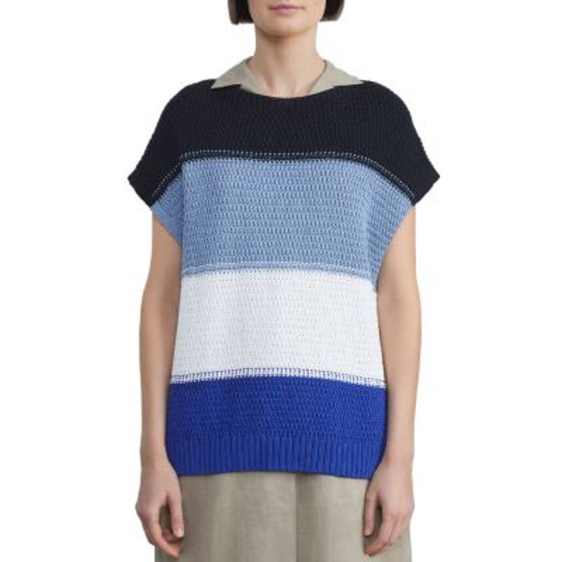 Lafayette 148 Ladies Blue, Black, & White Striped Cap Sleeve Sweater, Size L NWT