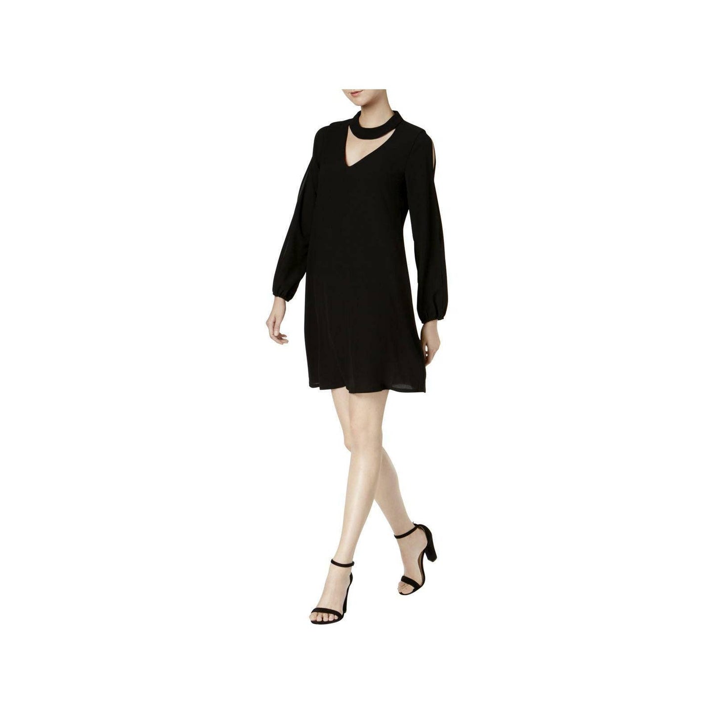 SIGNATURE ROBBIE BEE WOMENS SPLIT SLEEVE CHOKER DRESS, BLACK, PL, NWT