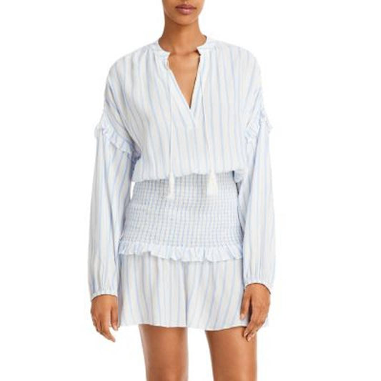 AQUA Ladies Blue & White Striped Long Sleeve Mini Dress w/ Smocked Waist, Size S