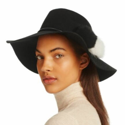 ECHO Black Fedora w/ Black & White Fur Pom-Pom Band