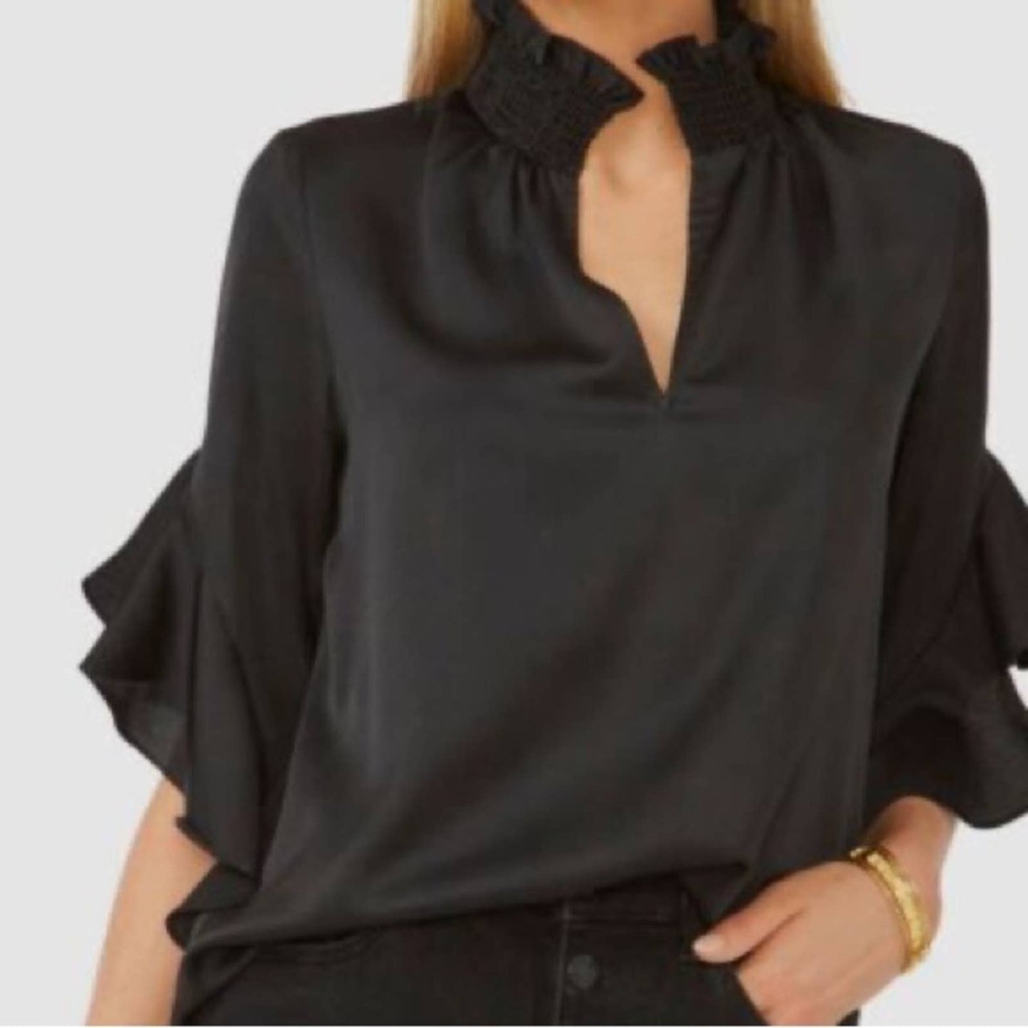 Vince Camuto Black V-Neck Blouse w/ Ruched Collar, Ruffle Sleeves, Size XS, NWT!