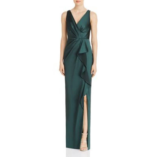 Adrianna Papell Ladies Sleeveless Forest Green Gown w/ Ruffle Accents & Leg Slit