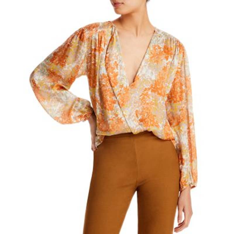 VINCE Ladies Shirred Long Sleeve Orange Floral "Garden" Top, Size Medium, NWT!