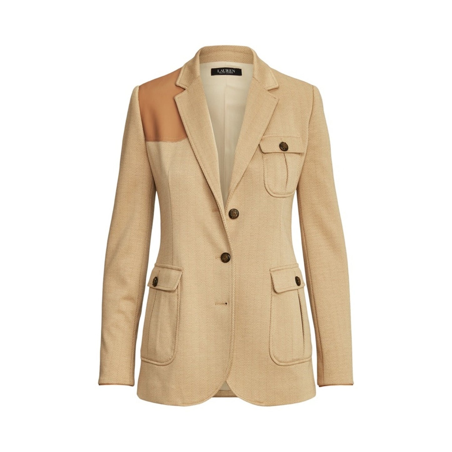 Ralph Lauren Women’s Tan Chevron Blazer w/ Leather Shoulder Patch, Size 14
