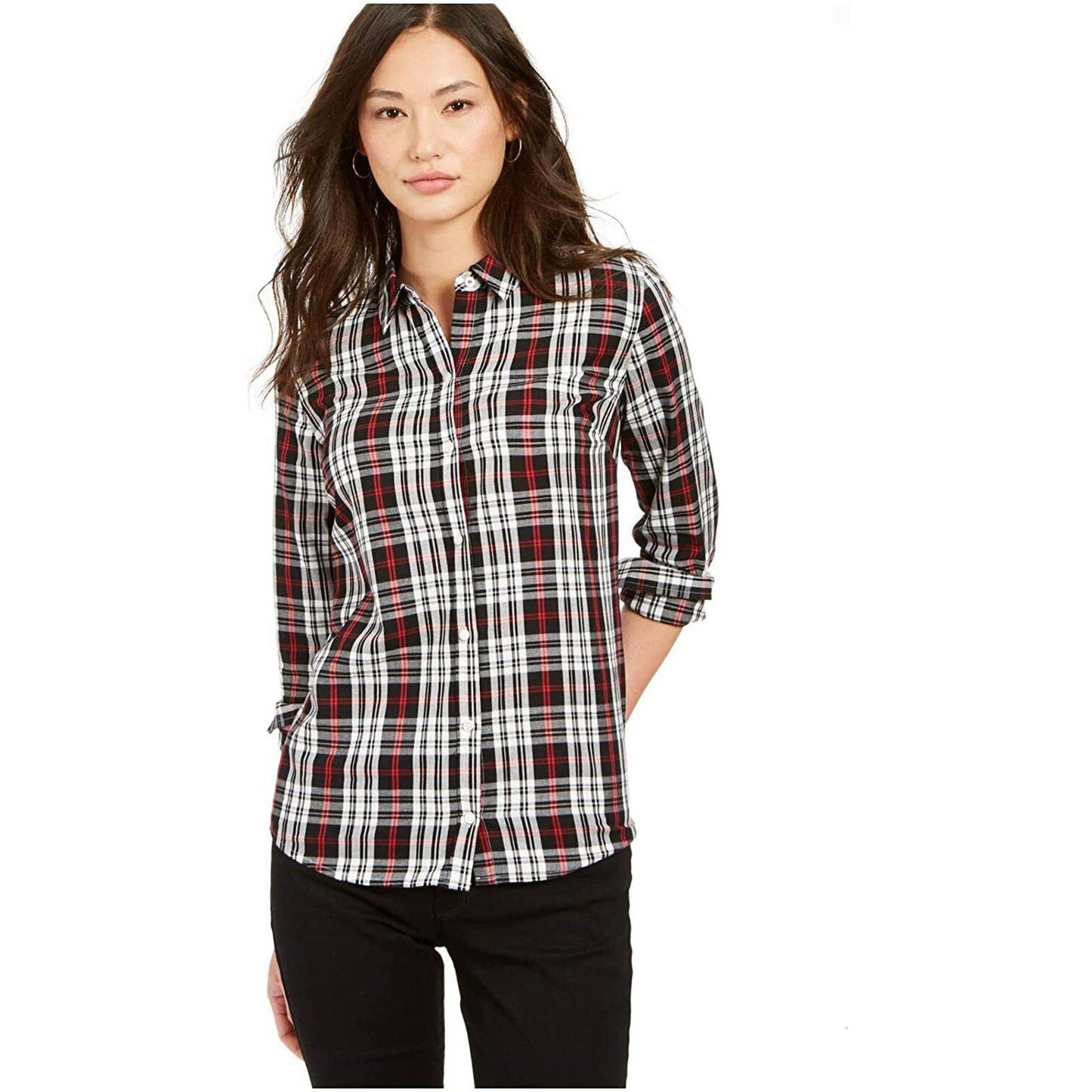 CHARTER CLUB, Ladies Whimsy Fashion Deep Black Plaid Button Up, Size 2 Petite