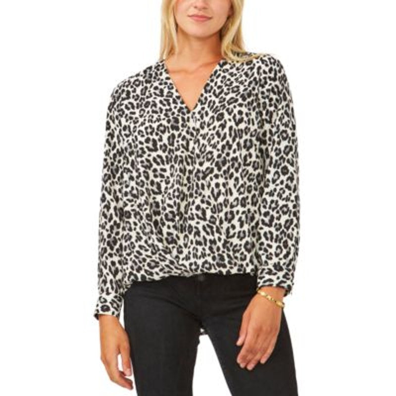 Vince Camuto Women's Black & Pewter Gray Animal Print Wrap Front Top, Medium