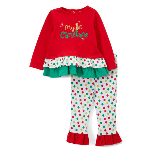 BABY ESSENTIALS Girl's My First Christmas Tunic Polka Dot Legging Set, Red, NWT!